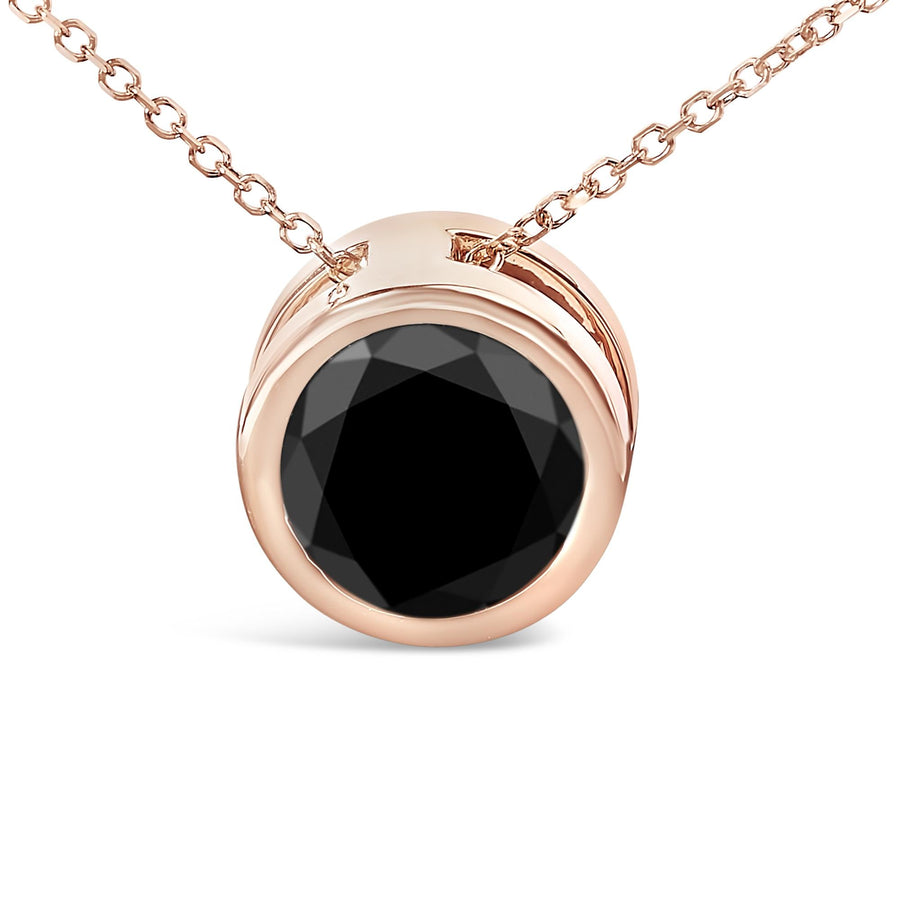 14K Rose Gold Bezel-Set Black Round Diamond Solitaire Pendant Necklace (Black Color, I2-I3 Clarity) - 18