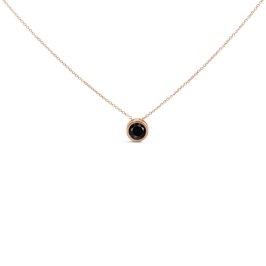 14K Rose Gold Bezel-Set Black Round Diamond Solitaire Pendant Necklace (Black Color, I2-I3 Clarity) - 18