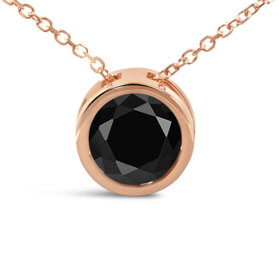14K Rose Gold Bezel-Set Black Round Diamond Solitaire Pendant Necklace (Black Color, I2-I3 Clarity) - 18