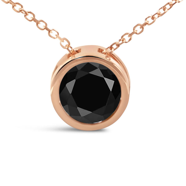 14K Rose Gold Bezel-Set Black Round Diamond Solitaire Pendant Necklace (Black Color, I2-I3 Clarity) - 18