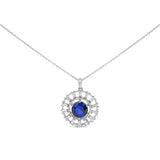 Sterling Silver Lab Grown Sapphire and 3/5 Cttw Baguette Diamond Medallion Pendant Necklace-0 thumbnail 1