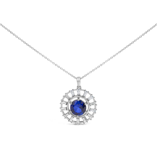 Sterling Silver Lab Grown Sapphire and 3/5 Cttw Baguette Diamond Medallion Pendant Necklace-0