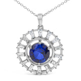 Sterling Silver Lab Grown Sapphire and 3/5 Cttw Baguette Diamond Medallion Pendant Necklace-1 thumbnail 2