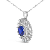 Sterling Silver Lab Grown Sapphire and 3/5 Cttw Baguette Diamond Medallion Pendant Necklace-3 thumbnail 4