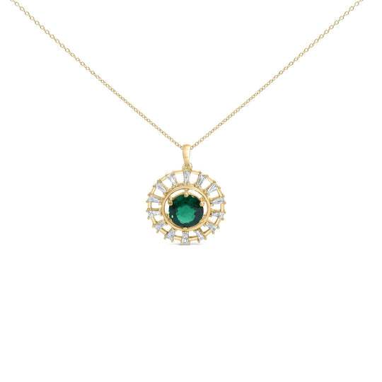 14KT Yellow Gold Plated .925 Sterling Silver Lab Grown Emerald and Baguette Diamond Medallion Pendant Necklace-0