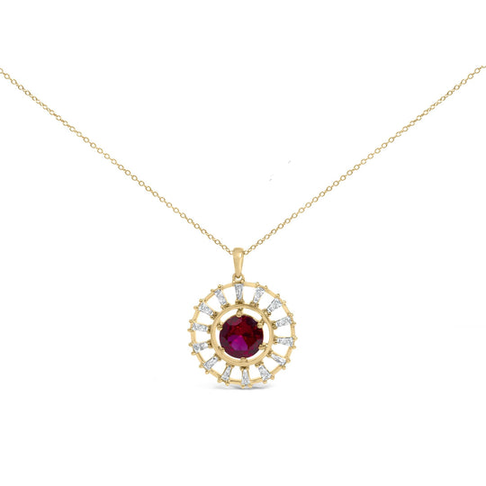 14K Yellow Gold Plated Silver Lab Grown Ruby and 5/8 Cttw Baguette Diamond Medallion Pendant Necklace-0