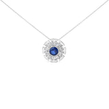 Sterling Silver Lab Grown Blue Sapphire and 1 1/5 Cttw Diamond Sunburst Pendant Necklace-0 thumbnail 1