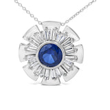 Sterling Silver Lab Grown Blue Sapphire and 1 1/5 Cttw Diamond Sunburst Pendant Necklace-1 thumbnail 2