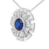 Sterling Silver Lab Grown Blue Sapphire and 1 1/5 Cttw Diamond Sunburst Pendant Necklace-3 thumbnail 4