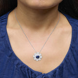 Sterling Silver Lab Grown Blue Sapphire and 1 1/5 Cttw Diamond Sunburst Pendant Necklace-2 thumbnail 3