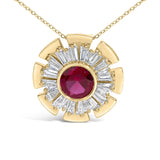 14K Yellow Gold Plated Silver Created Red Ruby and Diamond Baguette Medallion Pendant Necklace-1 thumbnail 2