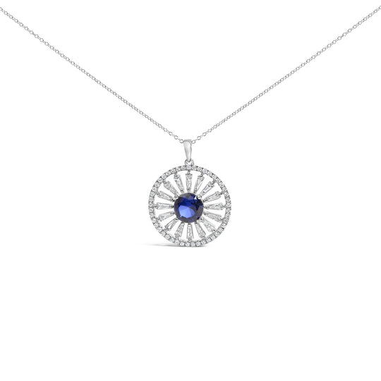 Sterling Silver Lab Grown Sapphire and 1.0 Cttw Baguette Diamond Medallion Pendant Necklace-0
