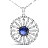 Sterling Silver Lab Grown Sapphire and 1.0 Cttw Baguette Diamond Medallion Pendant Necklace-1 thumbnail 2