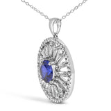 Sterling Silver Lab Grown Sapphire and 1.0 Cttw Baguette Diamond Medallion Pendant Necklace-3 thumbnail 4