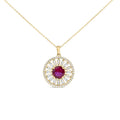 14K Yellow Gold Plated Sterling Silver Lab Grown Ruby and Diamond Sunburst Medallion Pendant Necklace-0