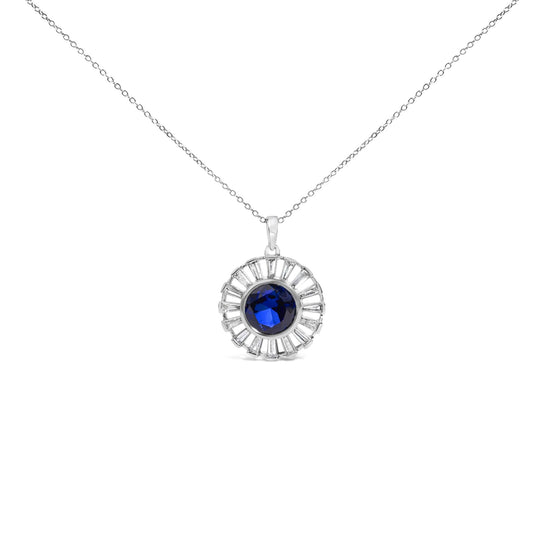 Sterling Silver Created Blue Sapphire and Diamond Medallion Pendant Necklace-0