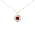 14K Yellow Gold Plated Silver Created Red Ruby and Baguette Diamond Sunburst Medallion Pendant Necklace-0