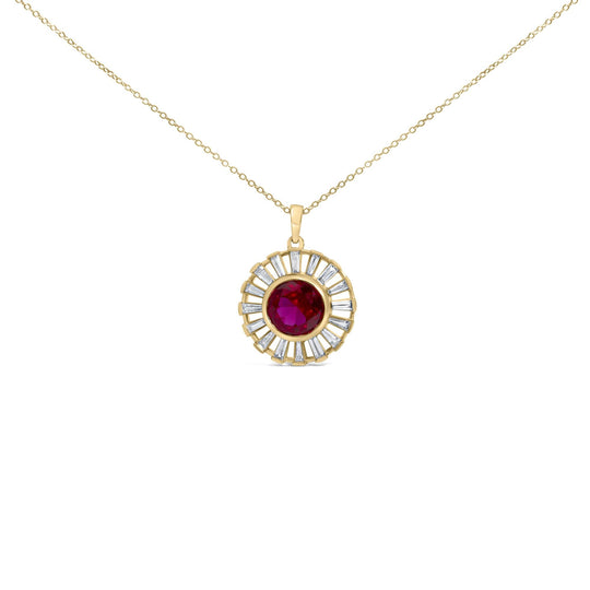 14K Yellow Gold Plated Silver Created Red Ruby and Baguette Diamond Sunburst Medallion Pendant Necklace-0
