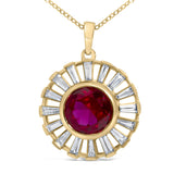 14K Yellow Gold Plated Silver Created Red Ruby and Baguette Diamond Sunburst Medallion Pendant Necklace-1 thumbnail 2