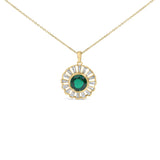 14K Yellow Gold Plated Sterling Silver Lab Grown Emerald and Baguette Diamond Sunburst Medallion Pendant Necklace-0 thumbnail 1