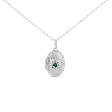 Sterling Silver Created Emerald and 1/2 Cttw Diamond Sunburst Medallion Pendant Necklace-0 thumbnail 1