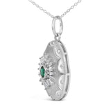 Sterling Silver Created Emerald and 1/2 Cttw Diamond Sunburst Medallion Pendant Necklace-3 thumbnail 4