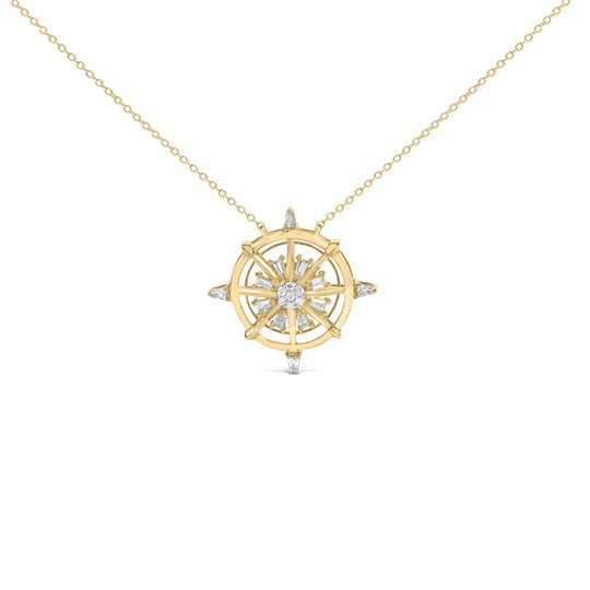14K Yellow Gold Plated Sterling Silver 1/3 Cttw Diamond Compass Pendant Necklace-0