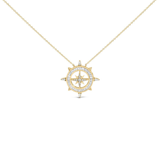 14K Yellow Gold Plated Sterling Silver 1.0 Cttw Diamond Compass Pendant Necklace-0