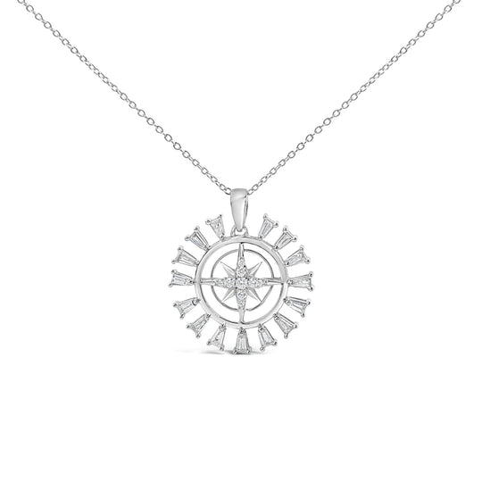 Sterling Silver 1/2 Cttw Diamond Starburst Compass Medallion Pendant Necklace-0
