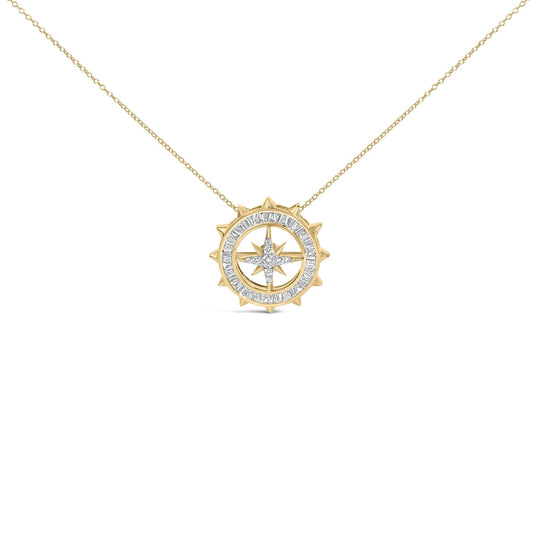 14KT Yellow Gold Plated Sterling Silver 1 Cttw Diamond Compass Medallion Pendant Necklace-0