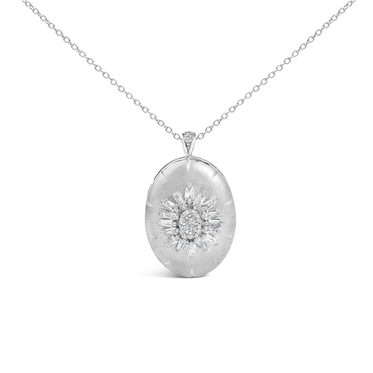 Sterling Silver 3/8 Cttw Diamond Puffed Oval Medallion Pendant Necklace-0