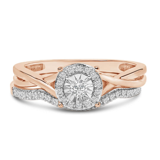 14K Rose Gold Plated Sterling Silver 1/6 Cttw Diamond Round Halo Bridal Set-0