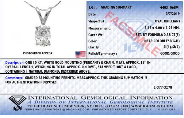 IGI Certified 10K White Gold 3/8 cttw Prong Set Diamond Oval Pendant Necklace (I-J Color, I1 Clarity) - Size 18