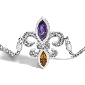 .925 Sterling Silver Marquise Purple Amethyst, Orange Citrine, and Diamond Accent Lariat 4”-10” Fleur De Lis Adjustable Bolo Bracelet (I-J Color, I1-I2 Clarity)-1