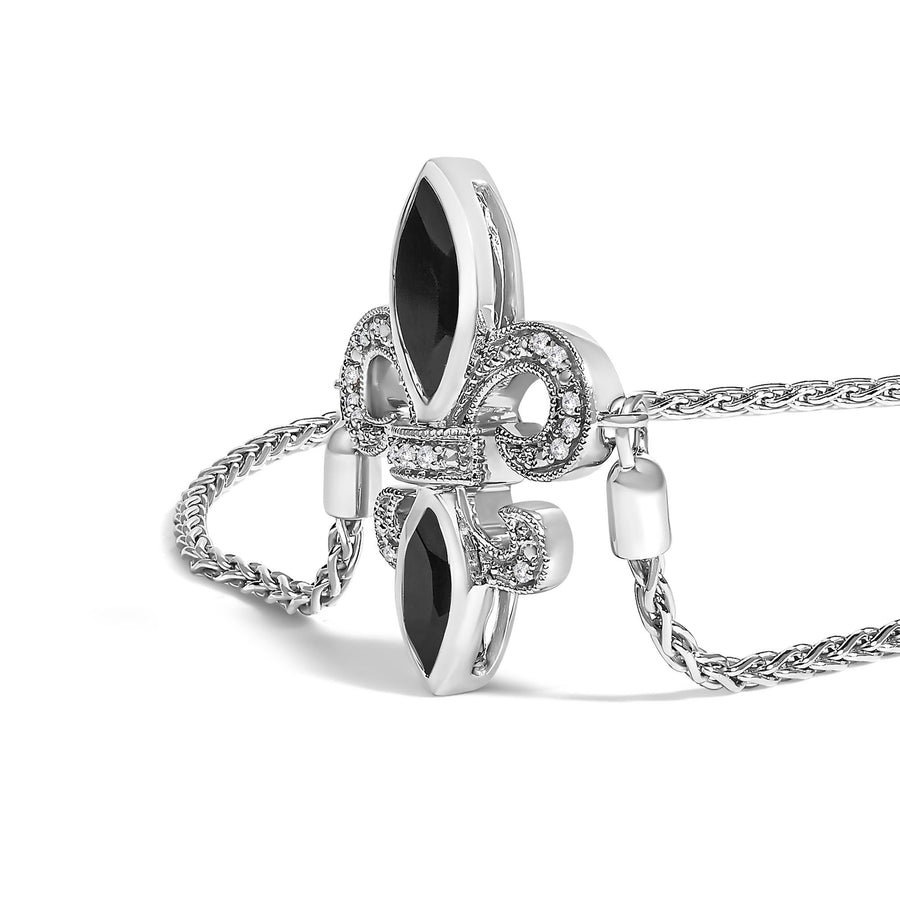 .925 Sterling Silver Marquise Black Onyx and Diamond Accent Lariat 4”-10” Fleur De Lis Adjustable Bolo Bracelet (I-J Color, I1-I2 Clarity)