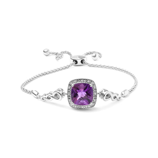 925 sterling silver bolo bracelet with cushion amethyst and diamond accents