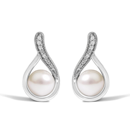 Sterling Silver White Freshwater Cultured Pearl and Diamond Accent Teardrop Stud Earrings