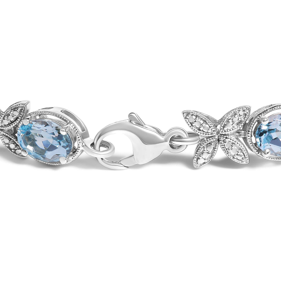 .925 Sterling Silver Oval Blue Topaz Diamond Butterfly Link Bracelet (I-J Color, I1-I2 Clarity) - Size 7