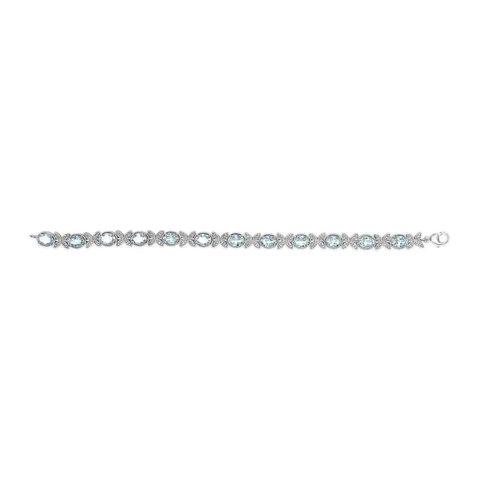 .925 Sterling Silver Oval Blue Topaz Diamond Butterfly Link Bracelet (I-J Color, I1-I2 Clarity) - Size 7