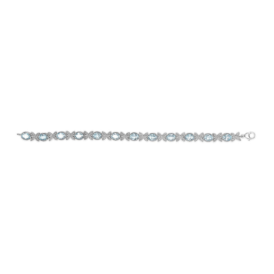 .925 Sterling Silver Oval Blue Topaz Diamond Butterfly Link Bracelet (I-J Color, I1-I2 Clarity) - Size 7