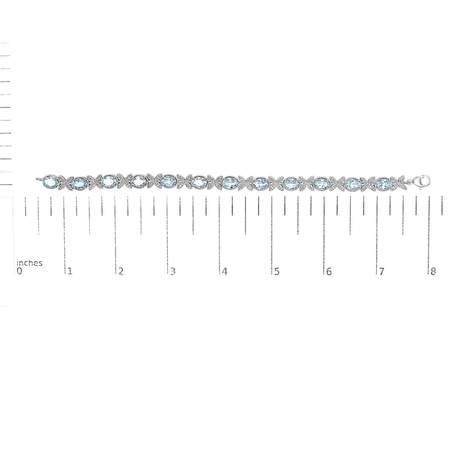 .925 Sterling Silver Oval Blue Topaz Diamond Butterfly Link Bracelet (I-J Color, I1-I2 Clarity) - Size 7