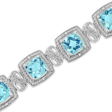 .925 Sterling Silver 7x7 mm Cushion Cut Blue Topaz and 1/10 Ctw Single Cut Diamond Square Shape Tennis Bracelet (I-J Color, I1-I2 Clarity) - 7