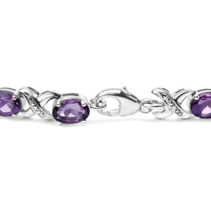 .925 Sterling Silver 7x5mm Oval Amethyst and Diamond Accent X-Link Bracelet (H-I Color, SI1-SI2 Clarity)  - Size 7
