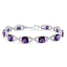 .925 Sterling Silver 7mm Cushion Cut Amethyst Gemstone and Diamond Tennis Link Bracelet (I-J Color, I1-I2 Clarity) - Size 7"-0