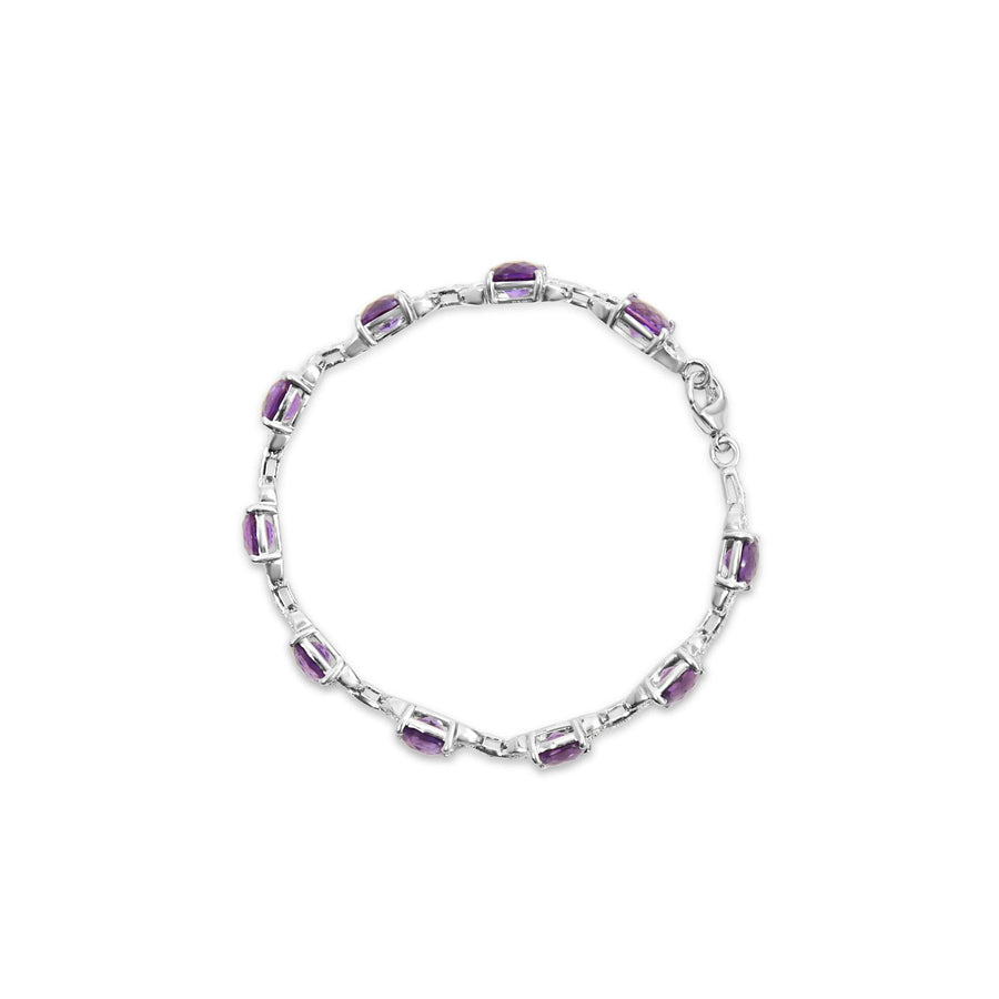 .925 Sterling Silver 7mm Cushion Cut Amethyst Gemstone and Diamond Tennis Link Bracelet (I-J Color, I1-I2 Clarity) - Size 7