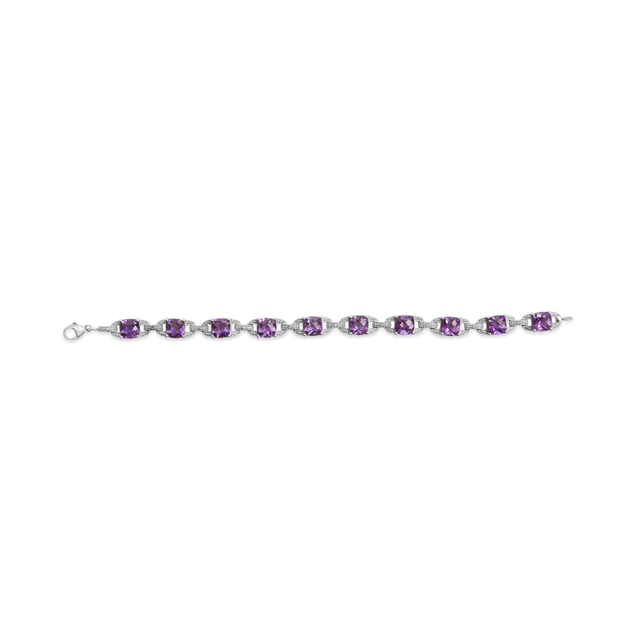.925 Sterling Silver 7mm Cushion Cut Amethyst Gemstone and Diamond Tennis Link Bracelet (I-J Color, I1-I2 Clarity) - Size 7