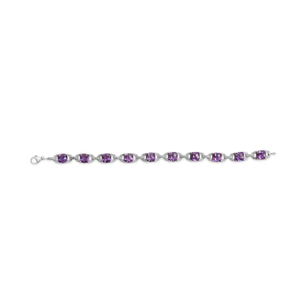 .925 Sterling Silver 7mm Cushion Cut Amethyst Gemstone and Diamond Tennis Link Bracelet (I-J Color, I1-I2 Clarity) - Size 7