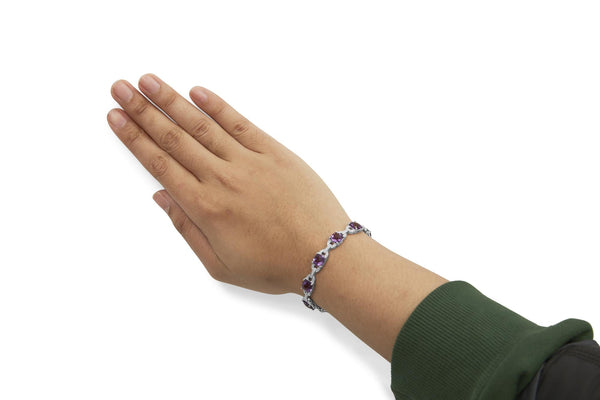 .925 Sterling Silver 7mm Cushion Cut Amethyst Gemstone and Diamond Tennis Link Bracelet (I-J Color, I1-I2 Clarity) - Size 7