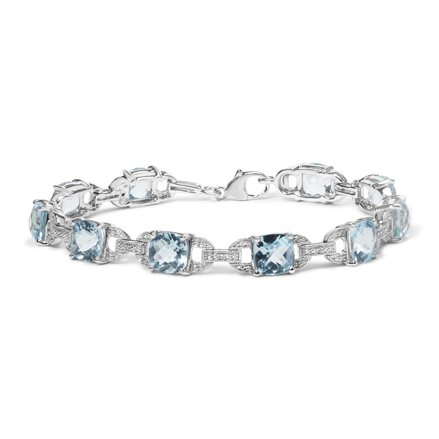 .925 Sterling Silver 7x7 mm Cushion Cut Blue Topaz and 1/20 cttw Round Cut Diamond Fashion Tennis Bracelet (I-J Color, I1-I2 Clarity) - 7