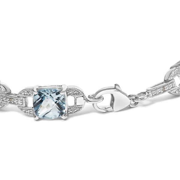 .925 Sterling Silver 7x7 mm Cushion Cut Blue Topaz and 1/20 cttw Round Cut Diamond Fashion Tennis Bracelet (I-J Color, I1-I2 Clarity) - 7